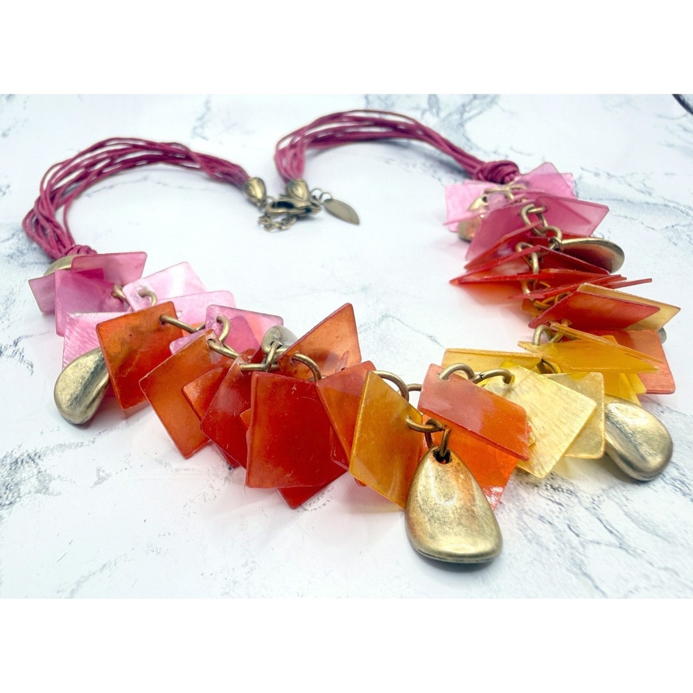 Coldwater Creek Pink Cord Necklace Orange Yellow Beads Gold Charms Coastal
